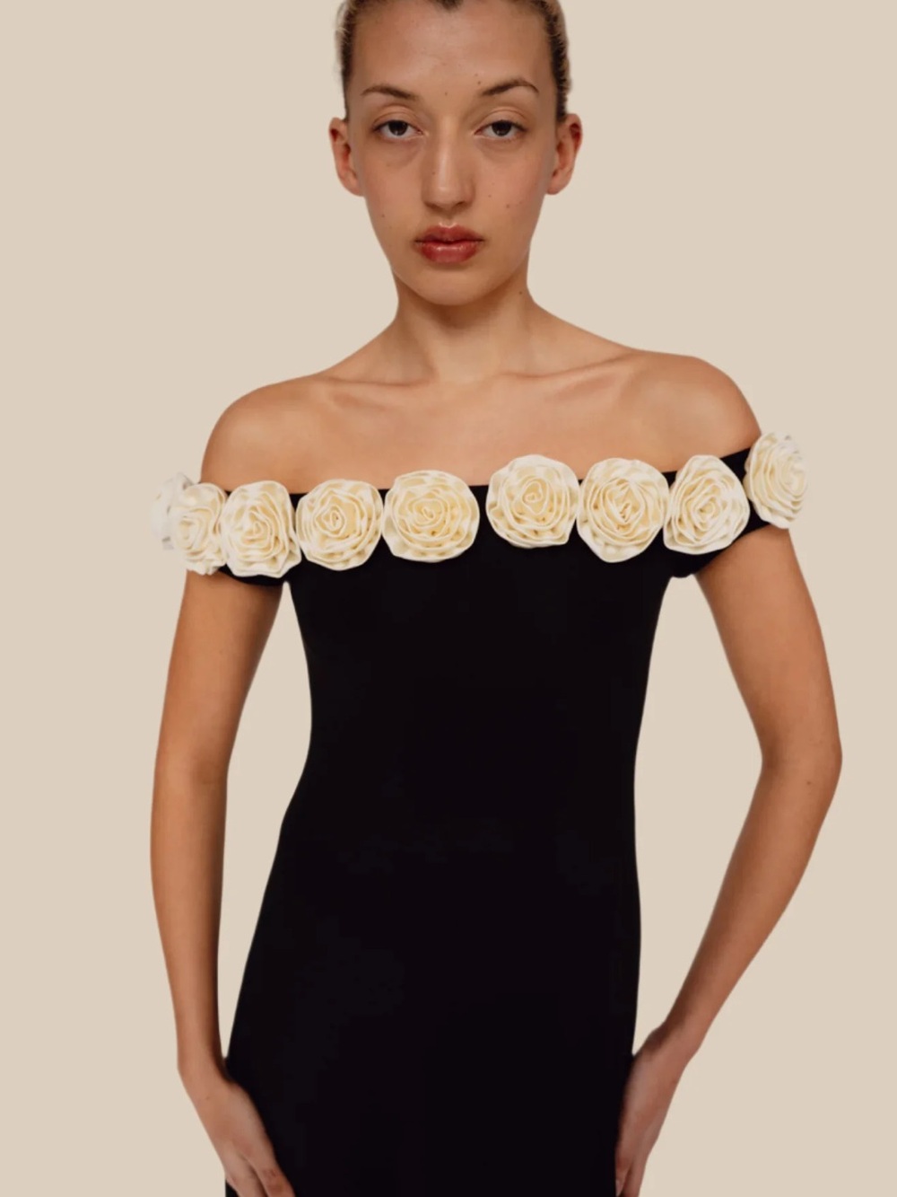 Off-Shoulder Black Maxi Dress with Cream Rose Trim - Picture 4 of 5